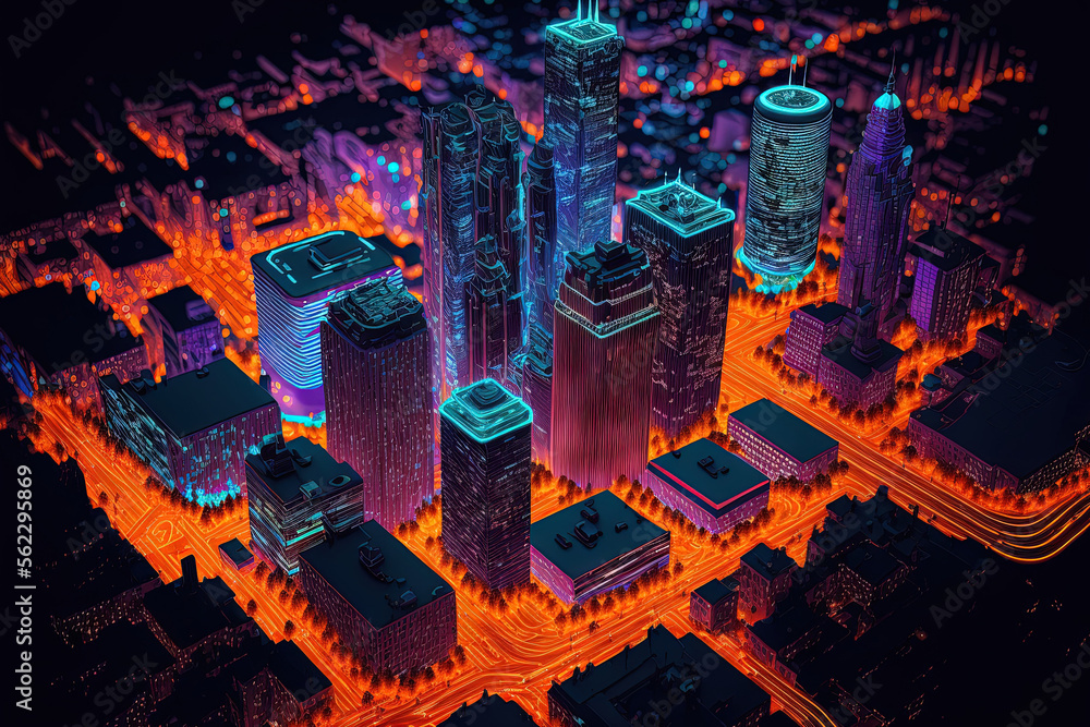 Seattles downtown is seen from above at night in Washington, USA. Holographic artificial intelligen