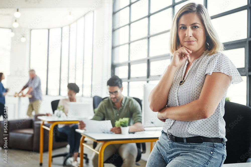 Creative business woman, smile and arms crossed thinking of idea in leadership or management at offi