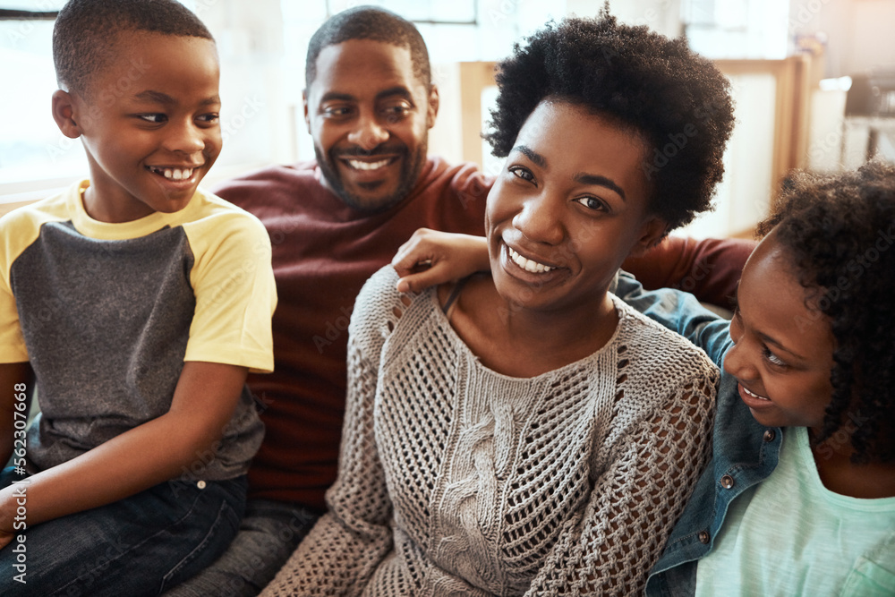 Black family, smile and relax on living room sofa for happy bonding or quality time together at home