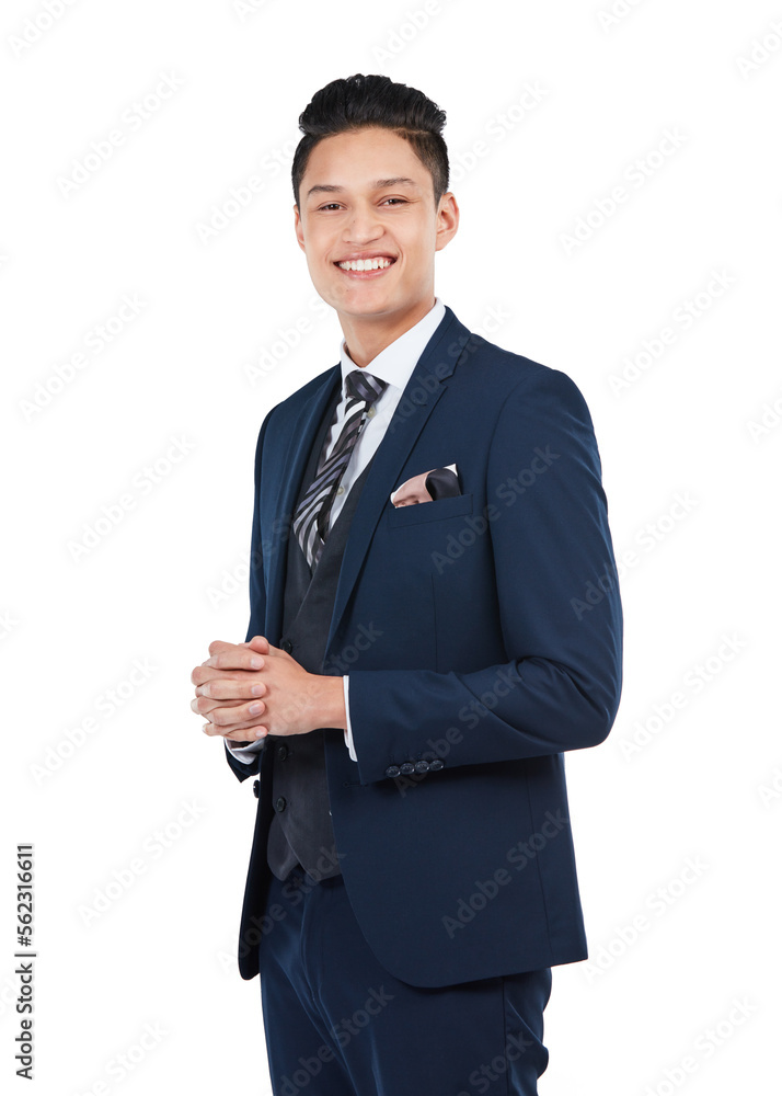 Businessman, portrait or hands clasped on isolated white background in about us, profile picture or 