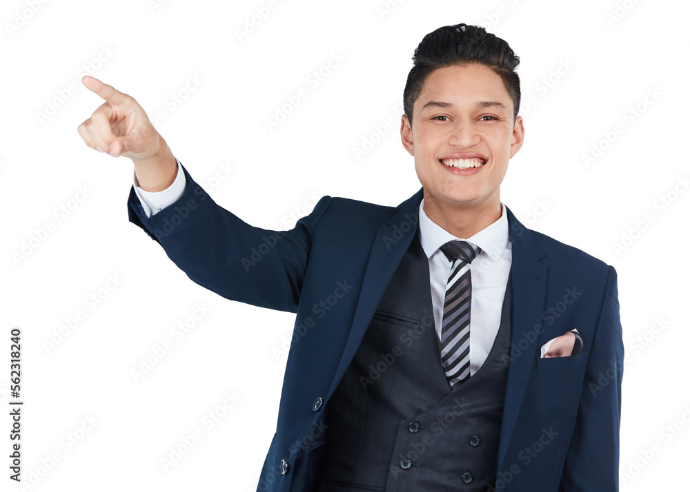 Happy, portrait or pointing businessman on isolated white background, marketing space or advertising