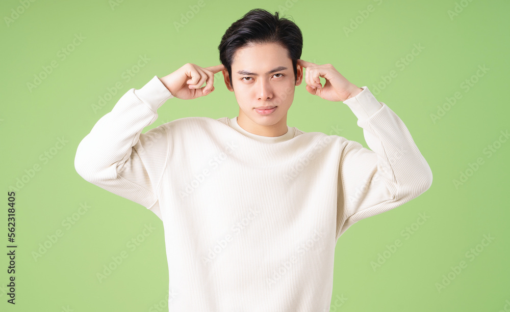 Portrait of young Asian man posing on green background