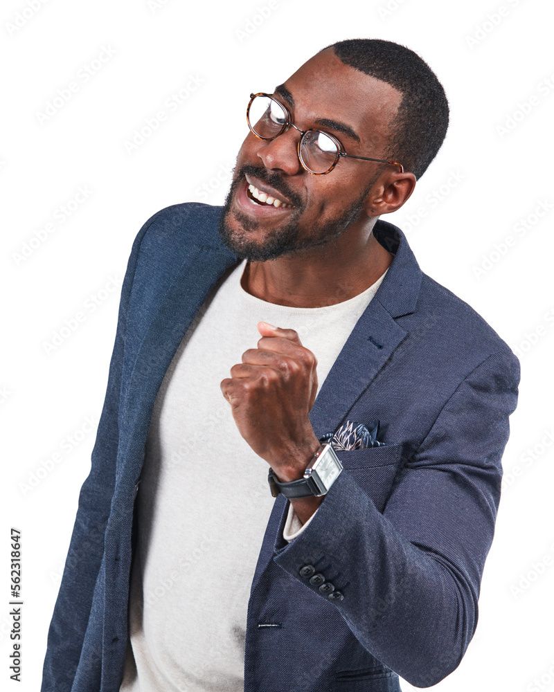 Portrait, winner or businessman with success fist on isolated white background for promotion growth 