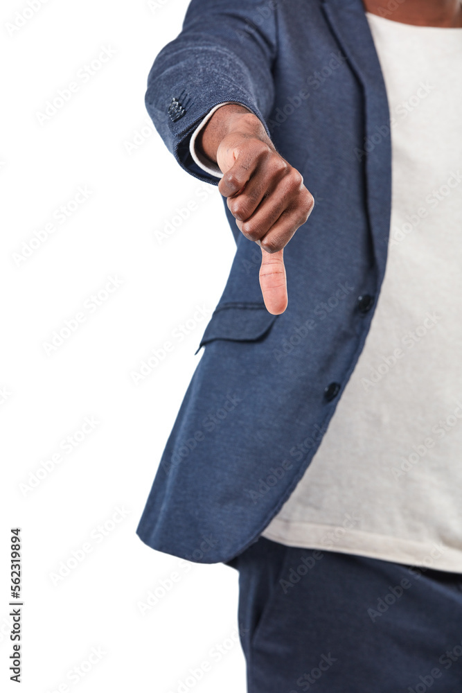 Black man, hands and thumbs down for fail, disagree or incorrect against a white studio background. 