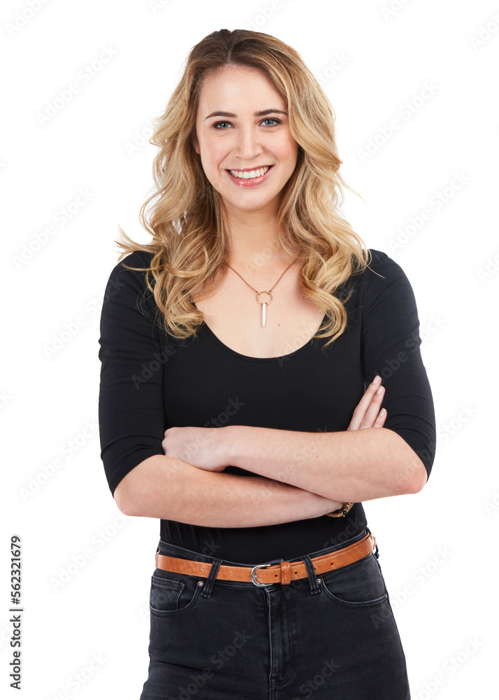 Fashion, portrait and woman with arms crossed in studio isolated on a white background. Makeup cosme