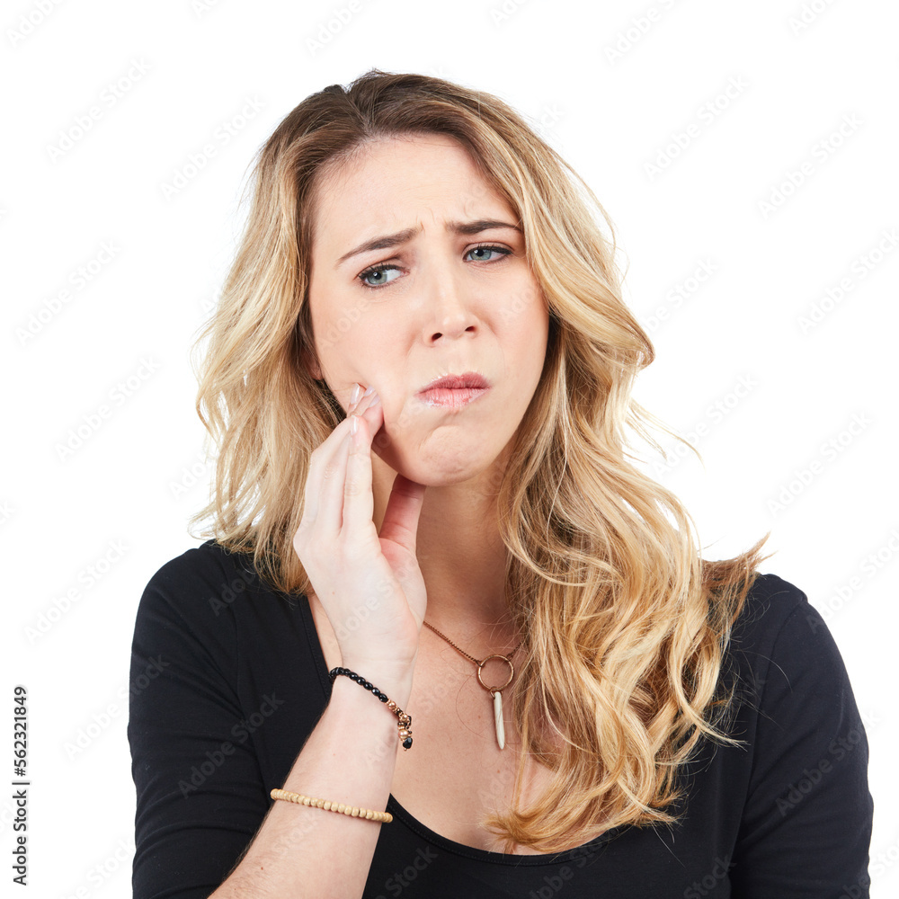 Woman, toothache and angry face for dental care, tooth decay or healthcare wellness isolated in whit