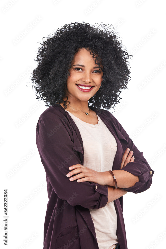 Fashion, portrait and black woman with arms crossed in studio isolated on a white background. Makeup