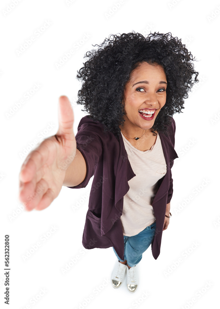 Portrait, business woman and top view handshake in studio isolated on white background. Introduction