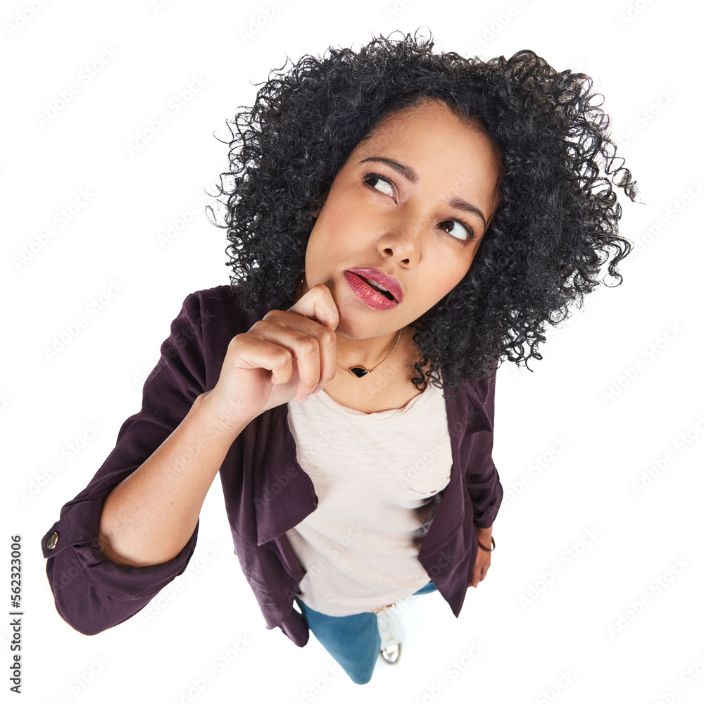 Top view, black woman and thinking with focus and girl isolated on white studio background. African 