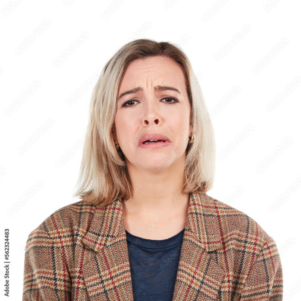 Sad face, white background and portrait of woman isolated in studio for upset, depression and unhapp