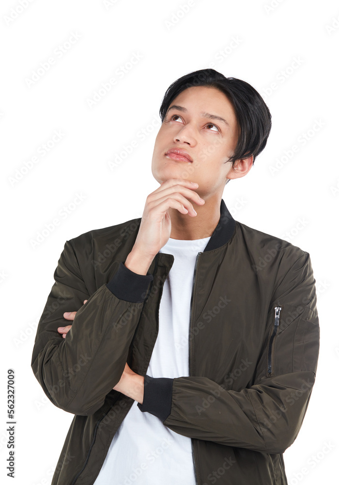 Thinking, idea and Asian man with a problem isolated on a white background in a studio. Solution, de