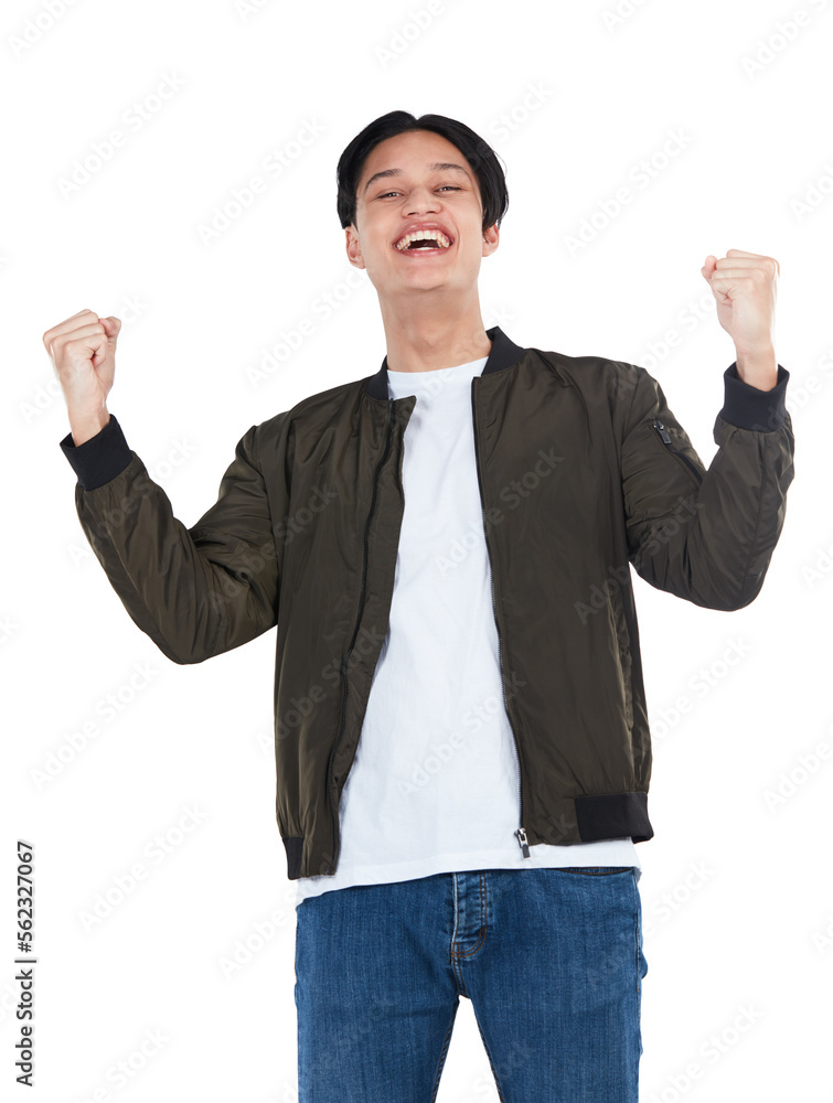 Portrait, winner and success celebration of man in studio isolated on white background. Winning, ach