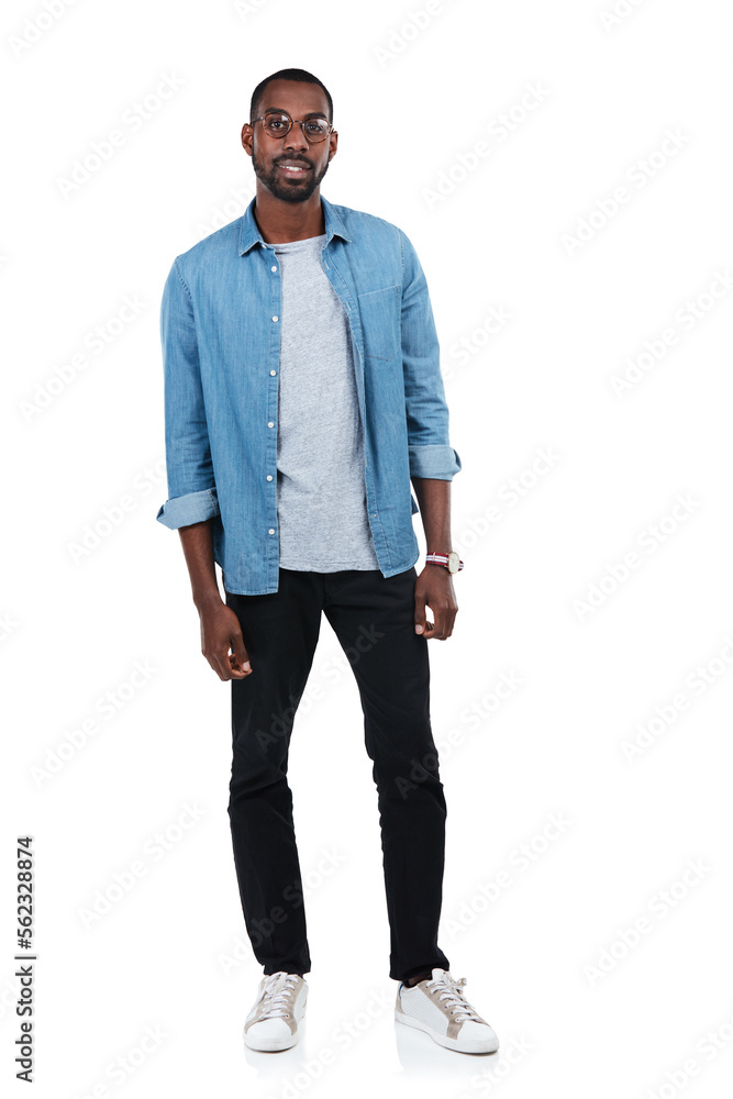 Young black man, full body portrait and standing ready isolated in white background studio for casua