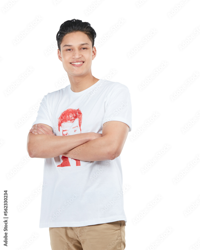 Arms crossed, happy man and portrait of a Asian person happy with a smile isolated in a studio. Whit