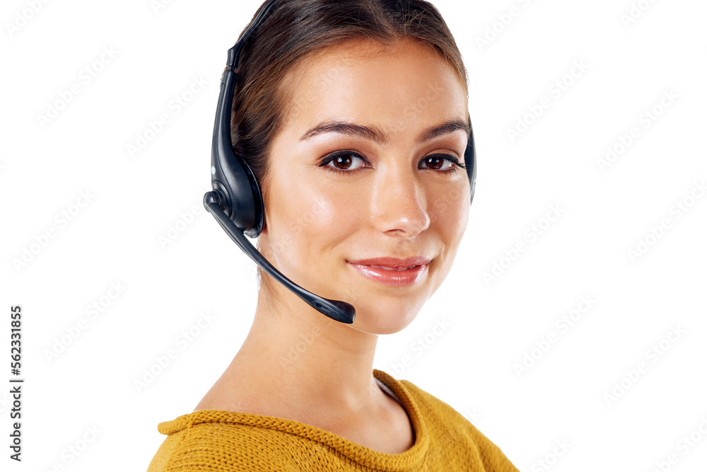 Communication, technology and portrait of woman at call center isolated with smile on white backgrou