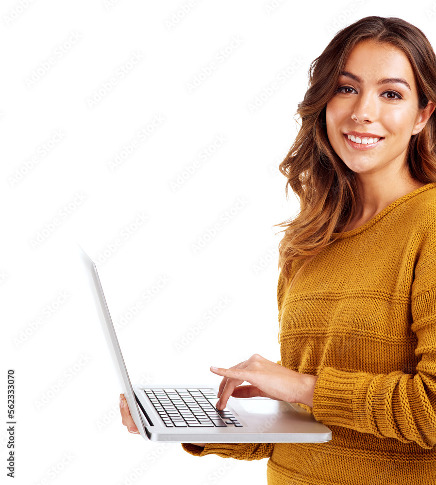 Woman, laptop and studio portrait for typing, communication or coding by white background. Isolated 