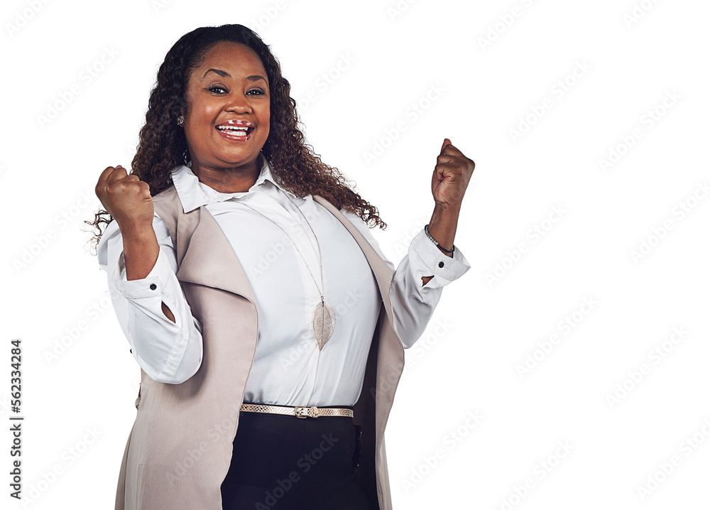 Success, winner and portrait of black woman on a white background for victory, promotion and achieve