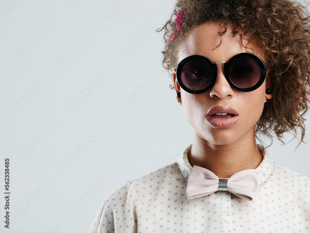 African woman, fashion sunglasses and studio headshot for makeup, beauty or curly hair afro by gray 