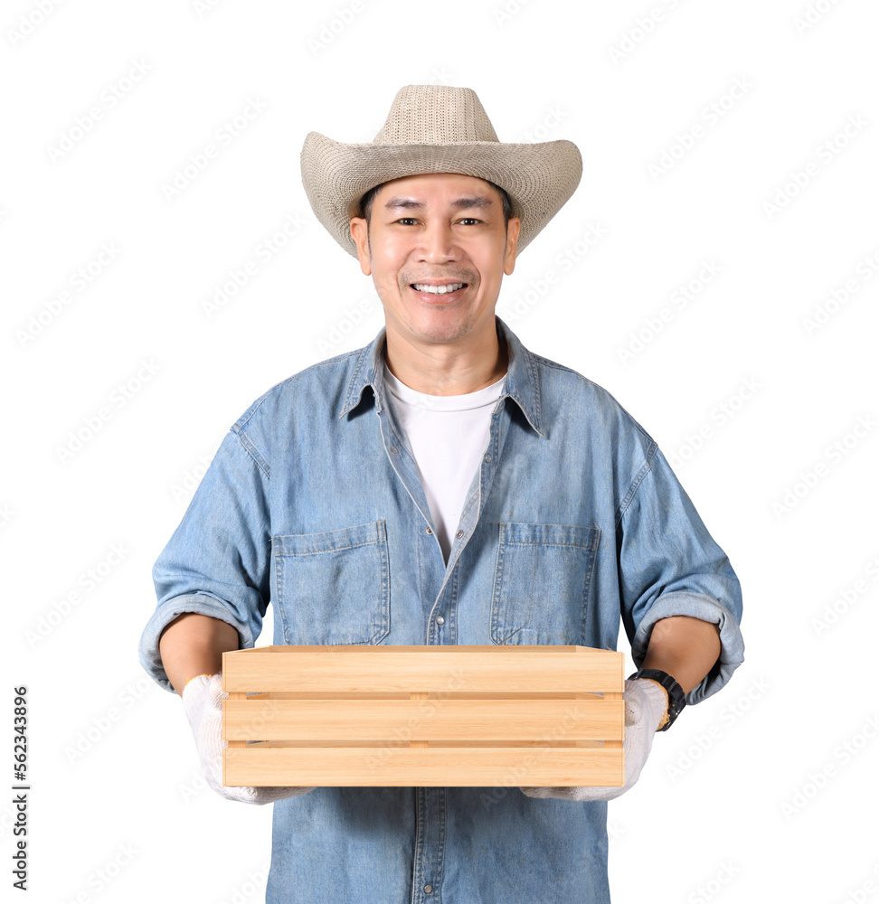 Asian man holding empty wood crate isolate on white background. Clipping path.