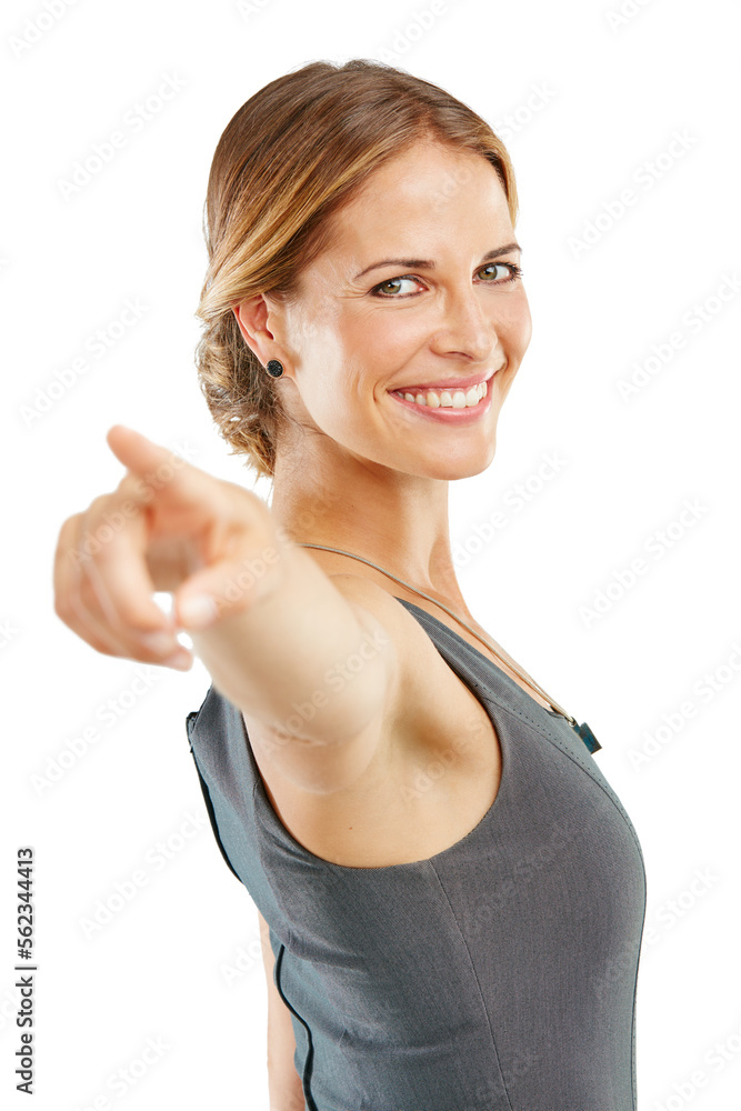 Woman pointing, you and studio portrait to show winner, opportunity or choice for success, vote and 