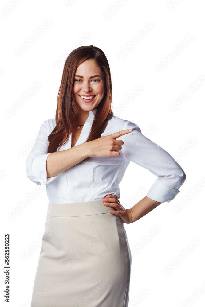 Discount, showing and pointing at opportunity by businesswoman isolated in a studio white background