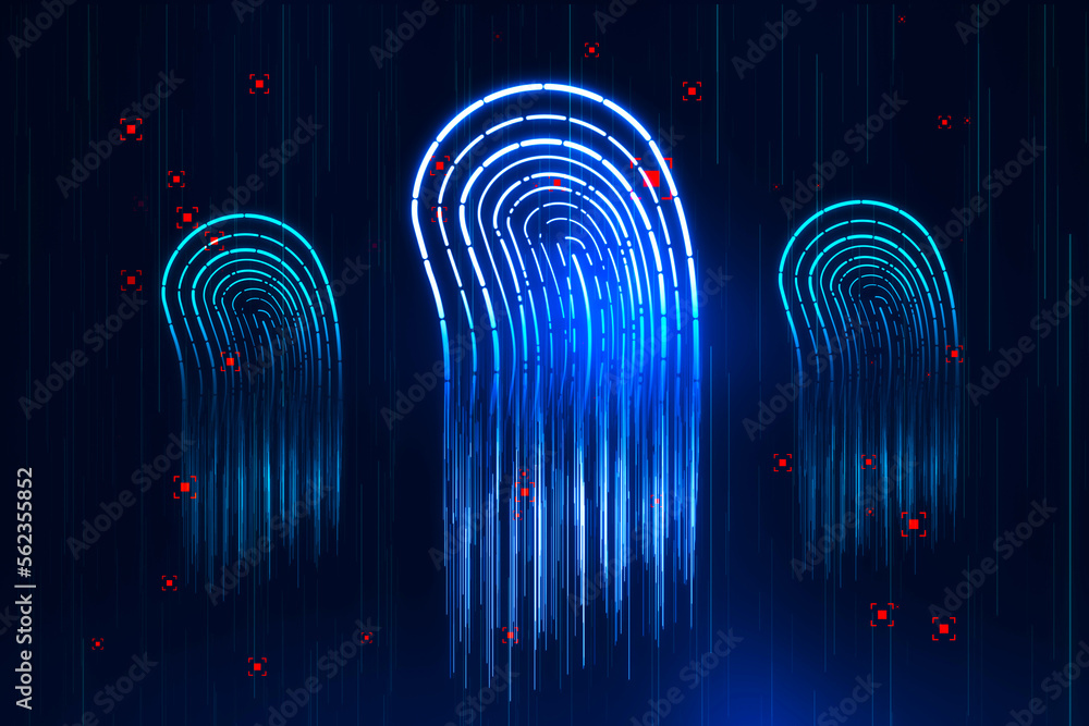 Abstract glowing blue fingerprint hologram on dark background. Forensics and ID concept. 3D Renderin