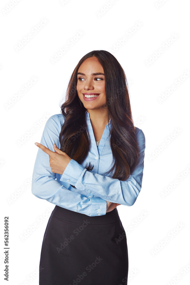 Businesswoman, standing and pointing finger isolated on a white background for advertising. Female e