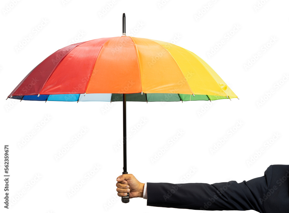 Hand Holding rainbow color umbrella isolated on white background, Hand Holding an umbrella White Bac