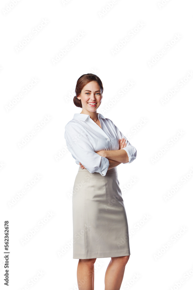 Isolated, business and portrait of woman with mockup in white background studio for management, lead