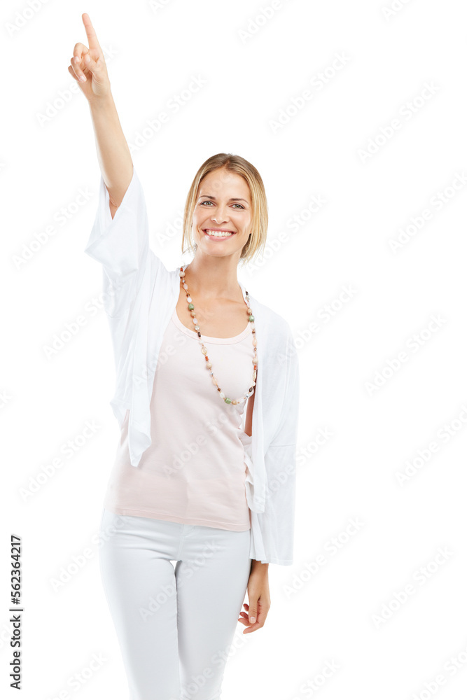 Happy, smile and portrait of a woman pointing in studio with mockup space for marketing or advertisi