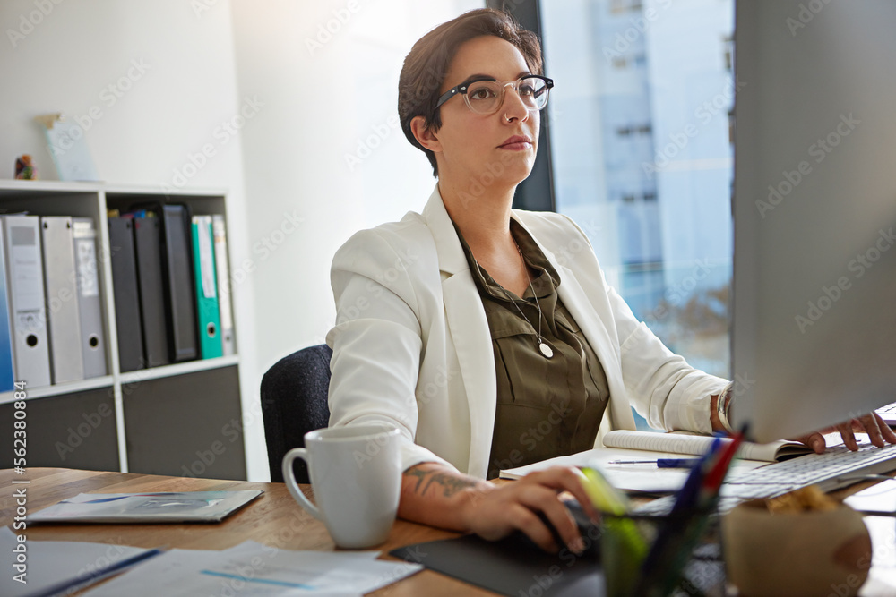 Computer, research and business woman in office typing online documents, website database and writin