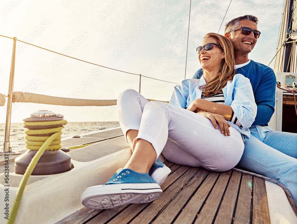 Smile, happy and couple on a yacht at sea, summer travel and ocean adventure in Spain. Peace, hug an