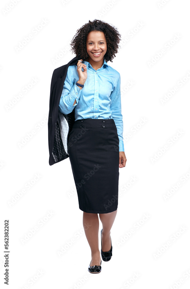 Business, black woman and full body suit portrait with confident, proud and happy smile of people in