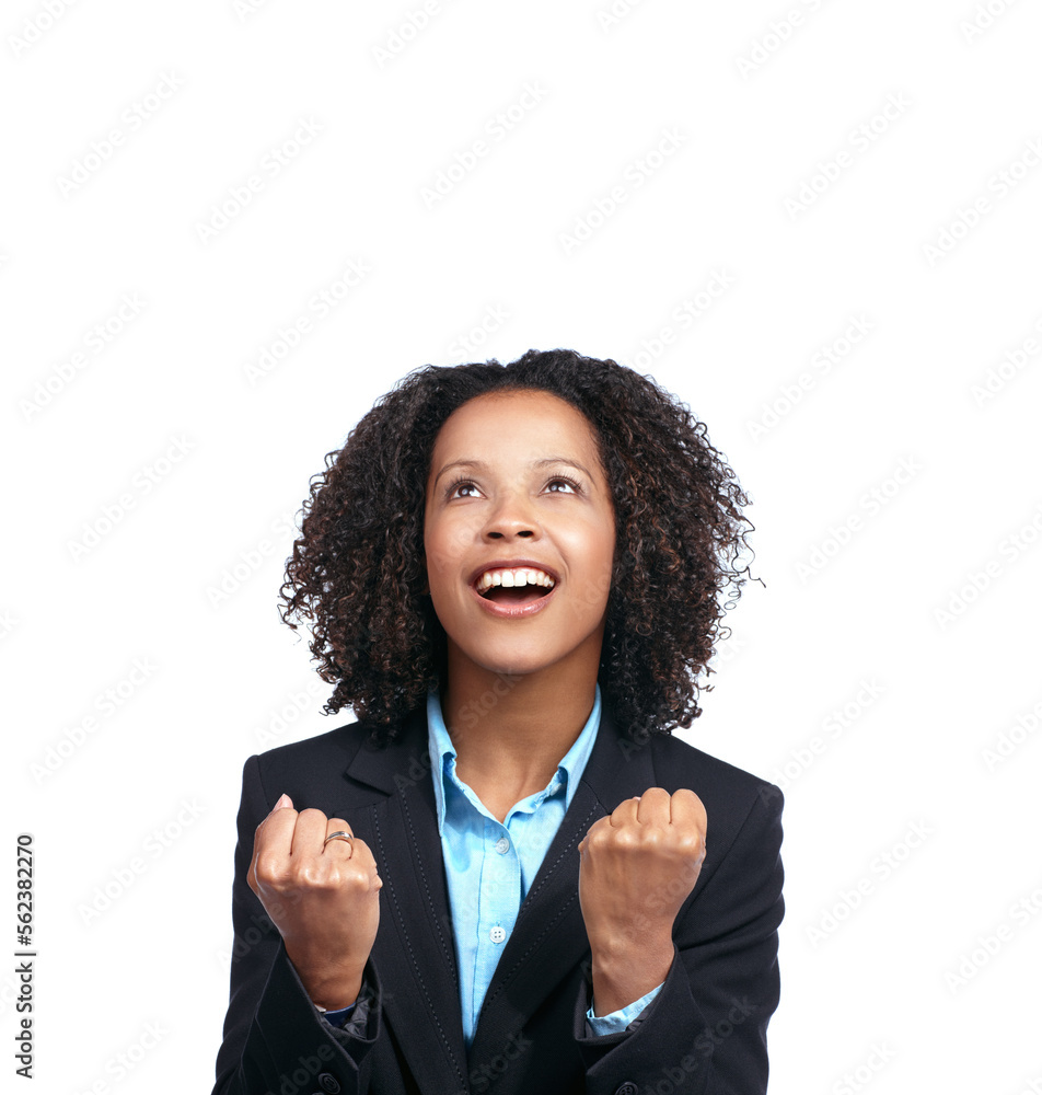 Fist, looking up and success woman isolated on white background winner, winning and vision for dream