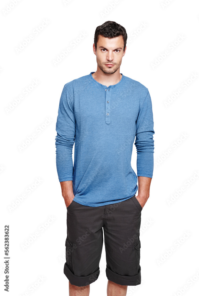 Man, studio portrait and casual fashion with serious face, style and focus by white background. Youn