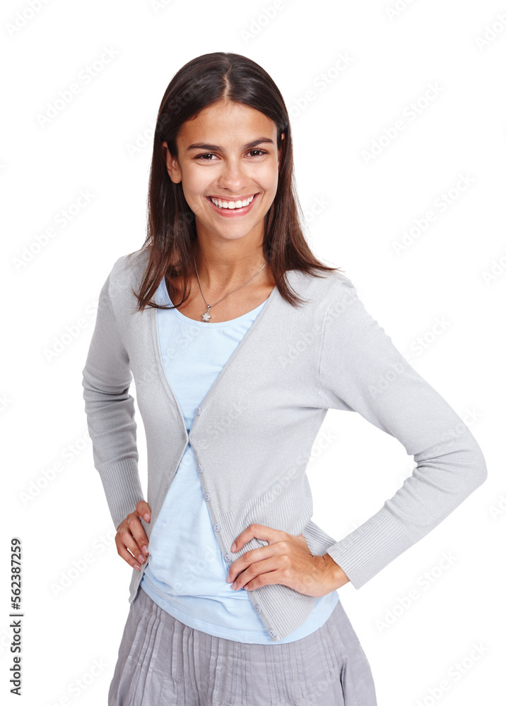 Portrait, happy and woman in studio for good mood, young and casual on a white background. Face, exc