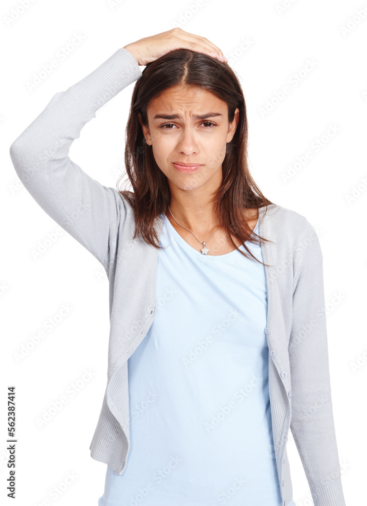 Stress, confused and portrait of woman in studio with puzzled, doubt and thinking people expression.