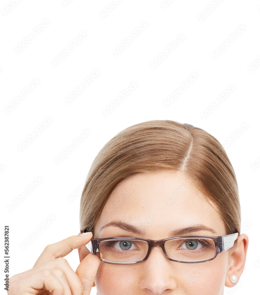 Portrait, mockup and glasses with a woman in studio isolated on a white background for a prescriptio