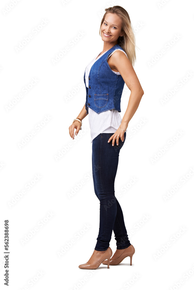 Portrait, fashion and mockup with a model woman in studio isolated on a white background to promote 