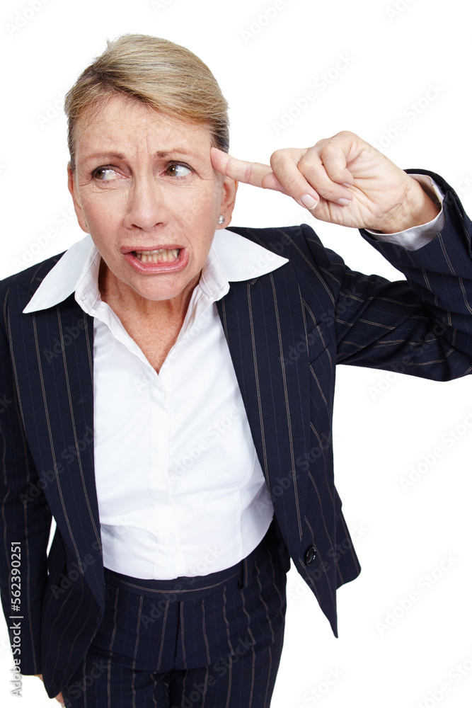 Thinking, stress and mental health with a business woman in studio isolated on a white background fo