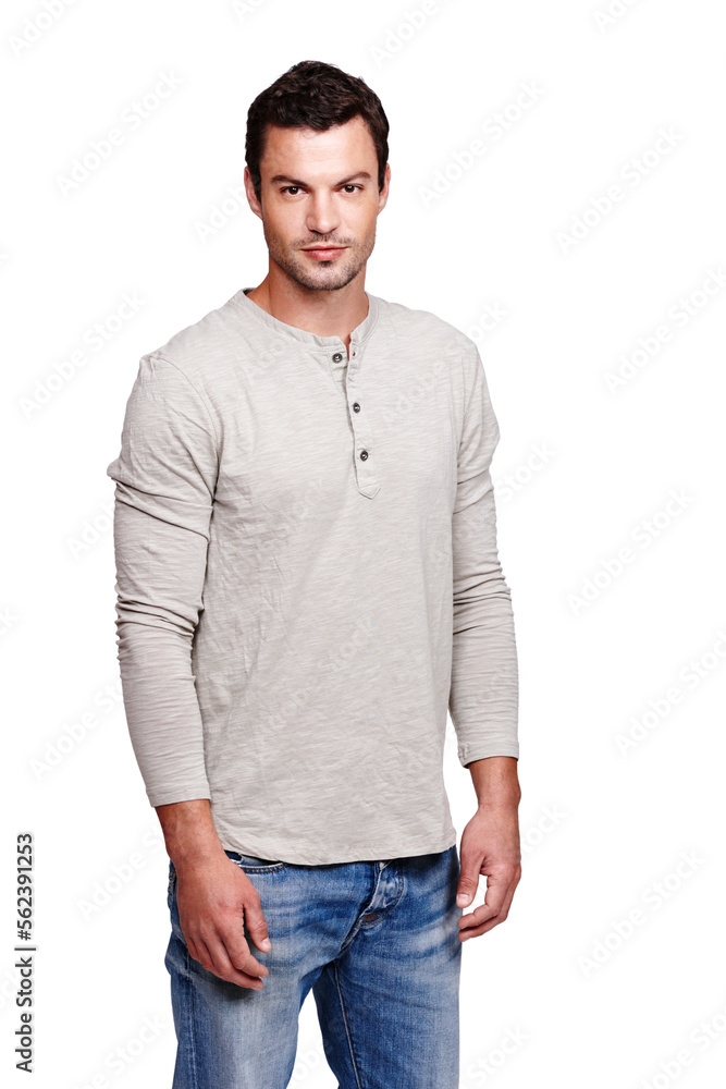 Portrait, face and man in studio isolated on a white background looking serious in casual clothes. P