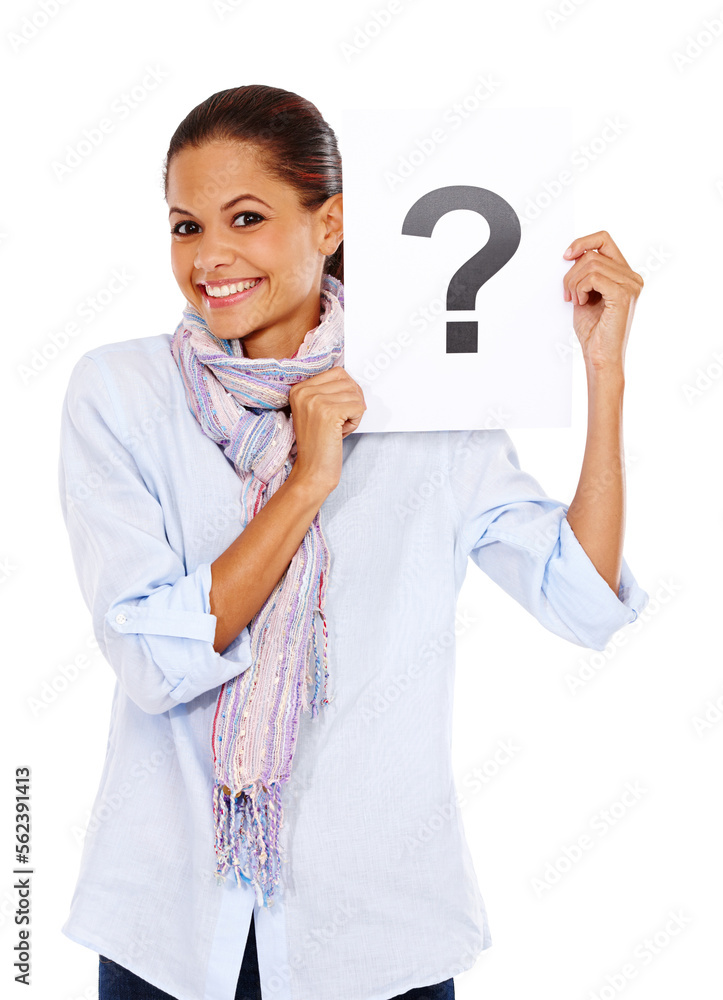 Woman with question mark poster, portrait and question with branding or advertising isolated on whit