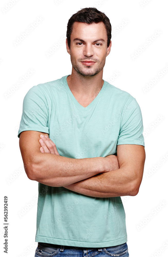 Portrait, smile and man with arms crossed in studio isolated on a white background looking happy. Pr