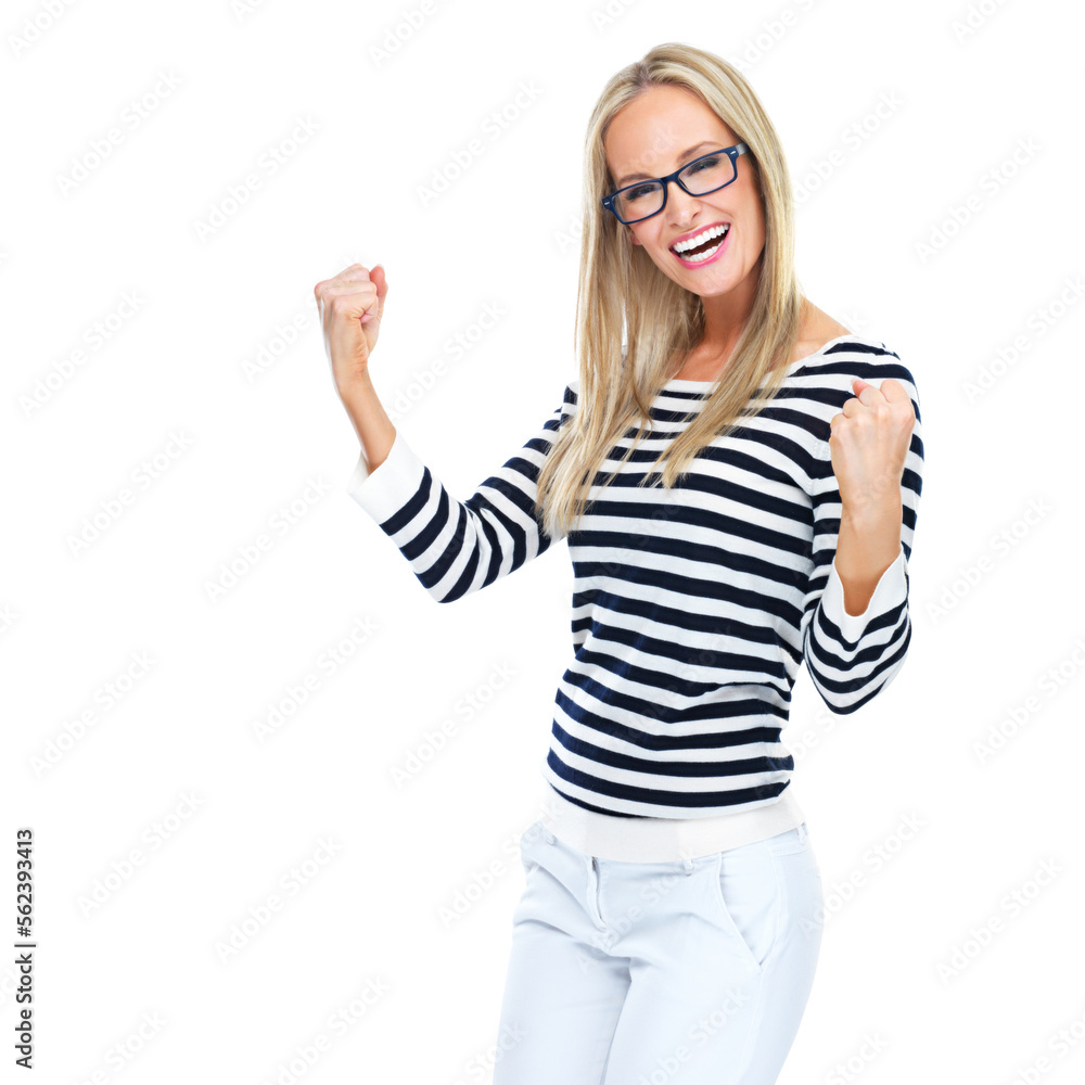 Woman, studio portrait and celebration with fist hand, beauty or style by white background. Isolated