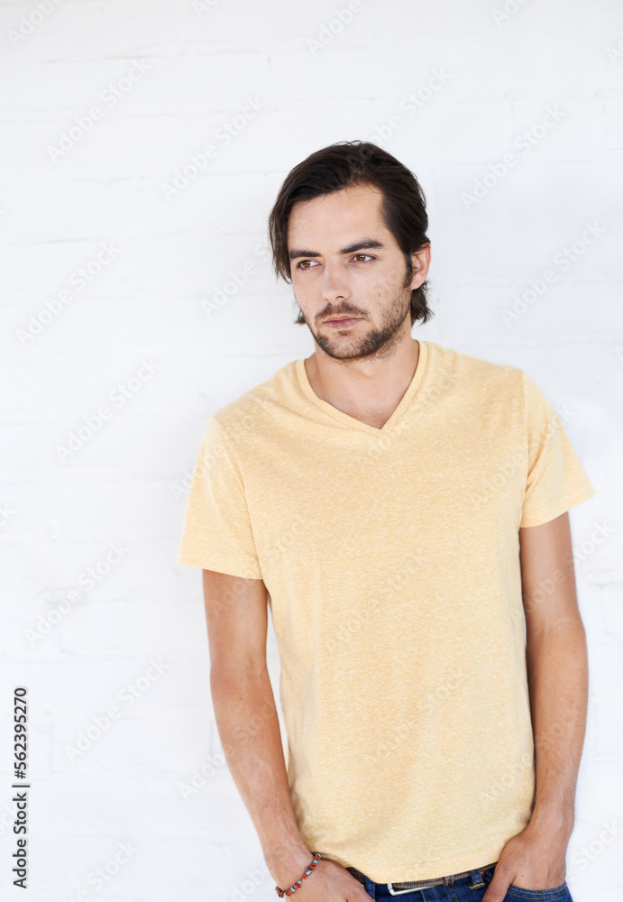 Fashion, thinking and serious man in clothes isolated on a white background in studio. Cool, trendy 