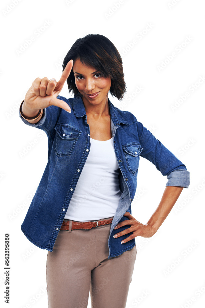 Comic, playful and portrait of a black woman with a loser sign isolated on a white background. Expre