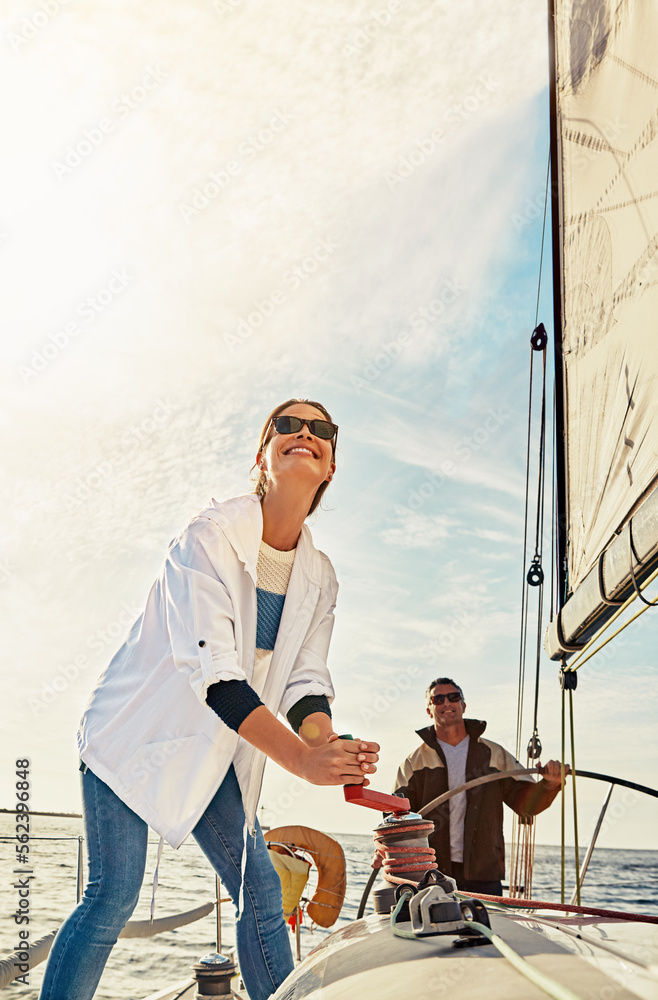 Happy couple, boat and steering helm in sea travel, holiday investment and retirement wealth hobby. 