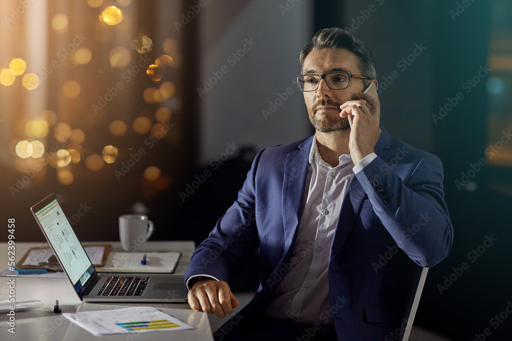 Phone call communication, office and night businessman talking, networking or chat about financial p