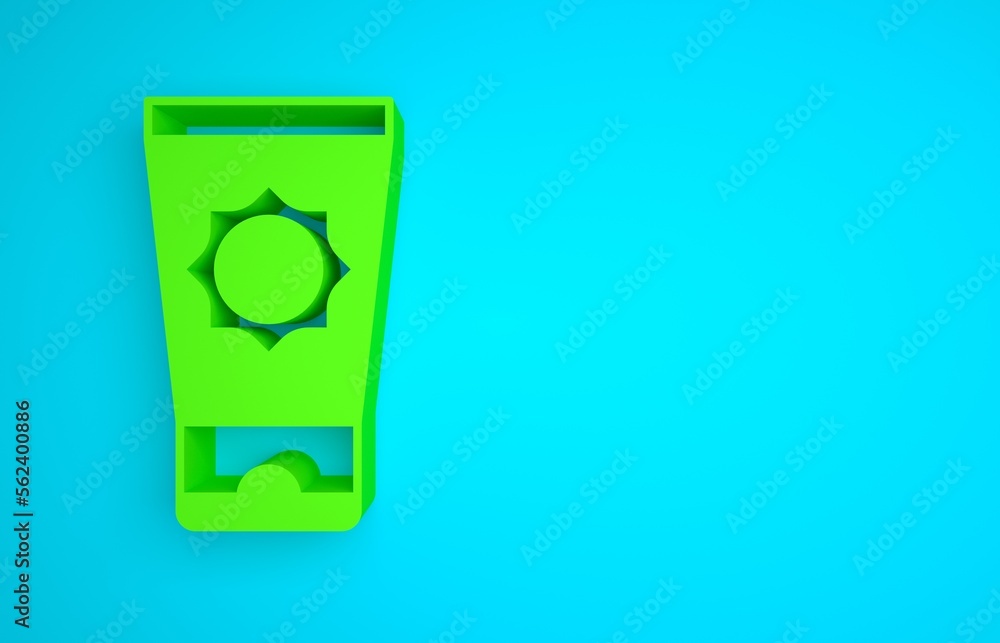 Green Sunscreen cream in tube icon isolated on blue background. Protection for the skin from solar u