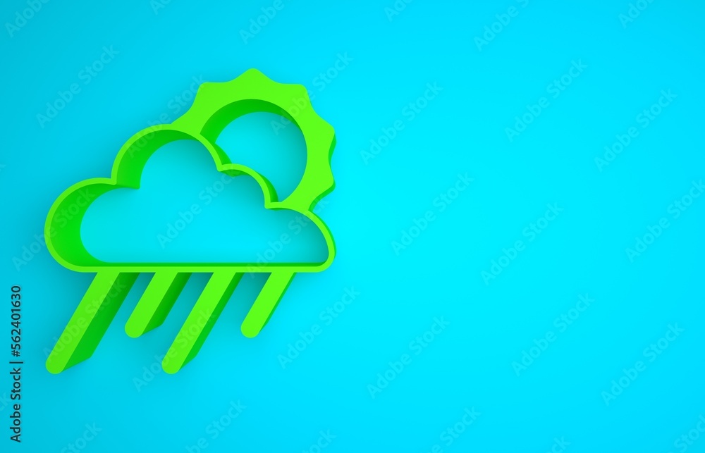 Green Cloud with rain and sun icon isolated on blue background. Rain cloud precipitation with rain d